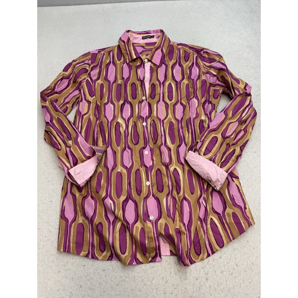 J McLaughlin Shirt Womens Large Pink Brown Geometric Button Up Stretch Top